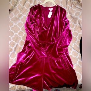 Candies hot pink new years velvet velour romper with pockets and zip back